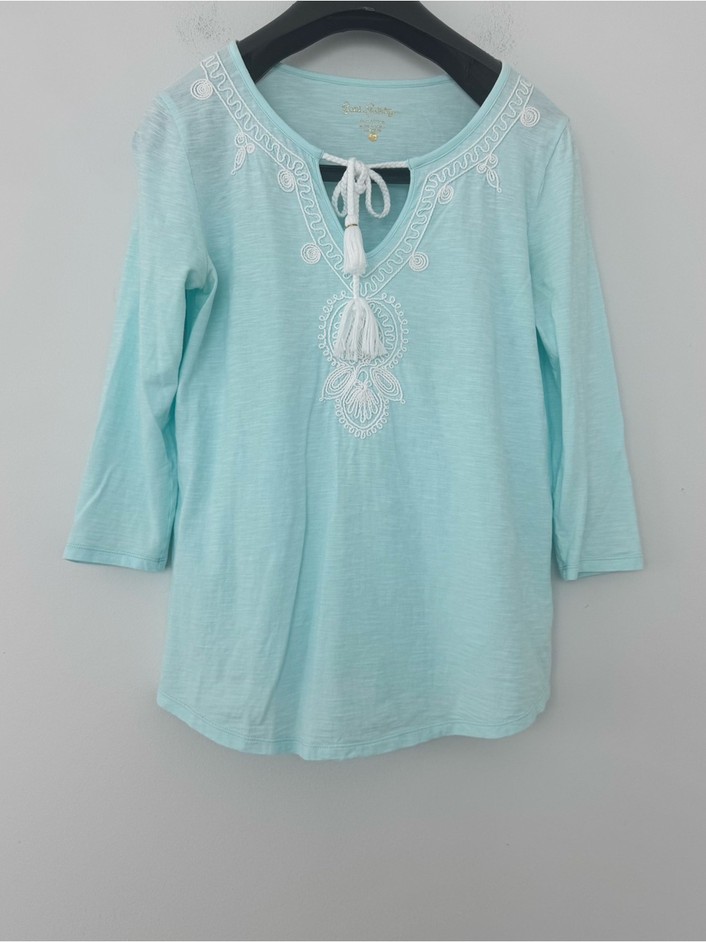 Lilly Pulitzer Holy Tunic Top Aqua Cotton Embroidered Tassel 3/4 Sleeve Small